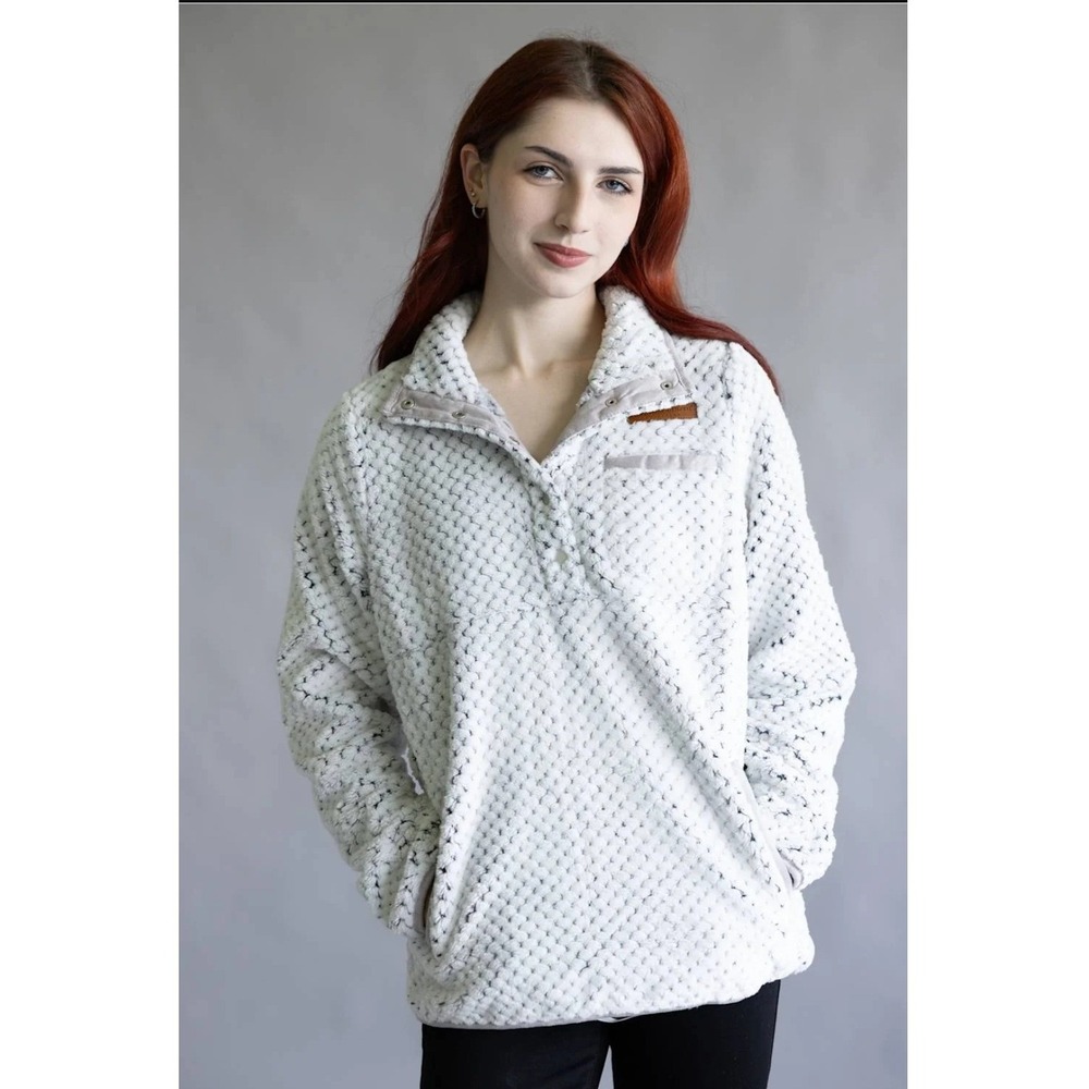 Simply Southern White Gray Popcorn Sherpa Fleece Snap Pullover Jacket Womens M